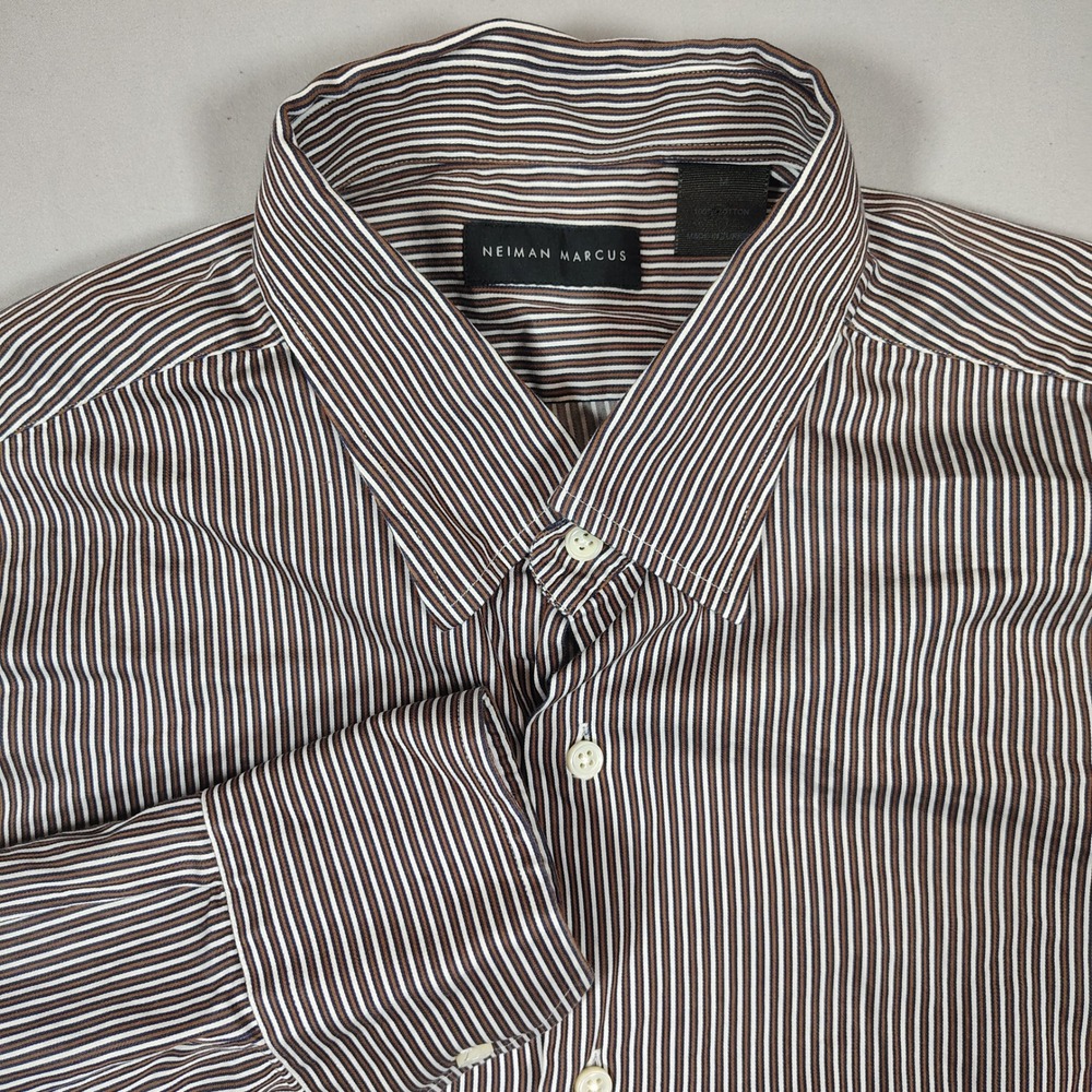 Neiman Marcus Button Down Mens Medium Brown Striped Long Sleeve Cotton Shirt